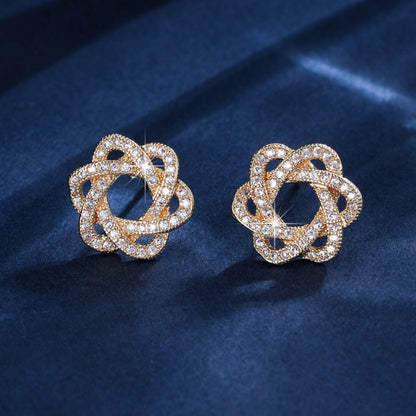 Gold Flowers Stud Earrings For Women With Copper Posts And Zircon Inlay