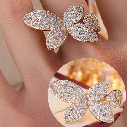 Elegant Flowers Open Ring For Women In Electroplated Copper With Zircon Inlay