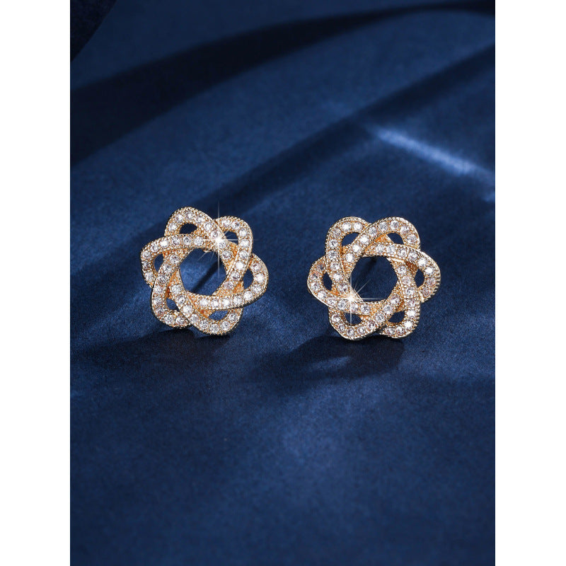 Gold Flowers Stud Earrings For Women With Copper Posts And Zircon Inlay