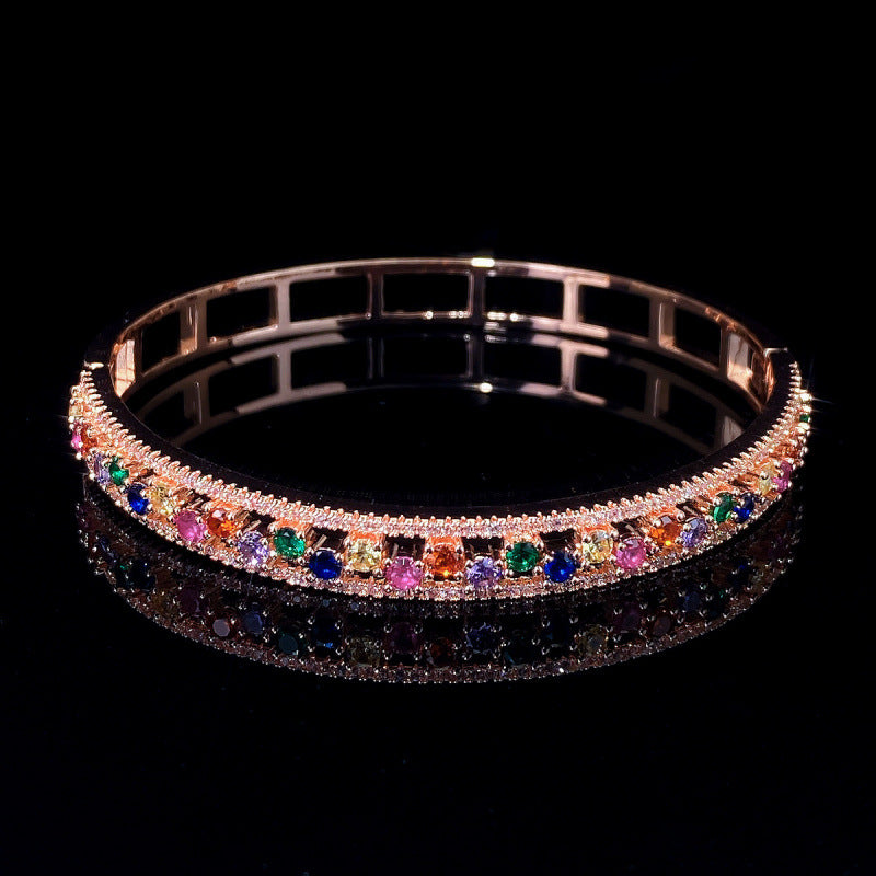 Geometric Inlay Copper Bangle For Women With Zircon Electroplated Gold Plating