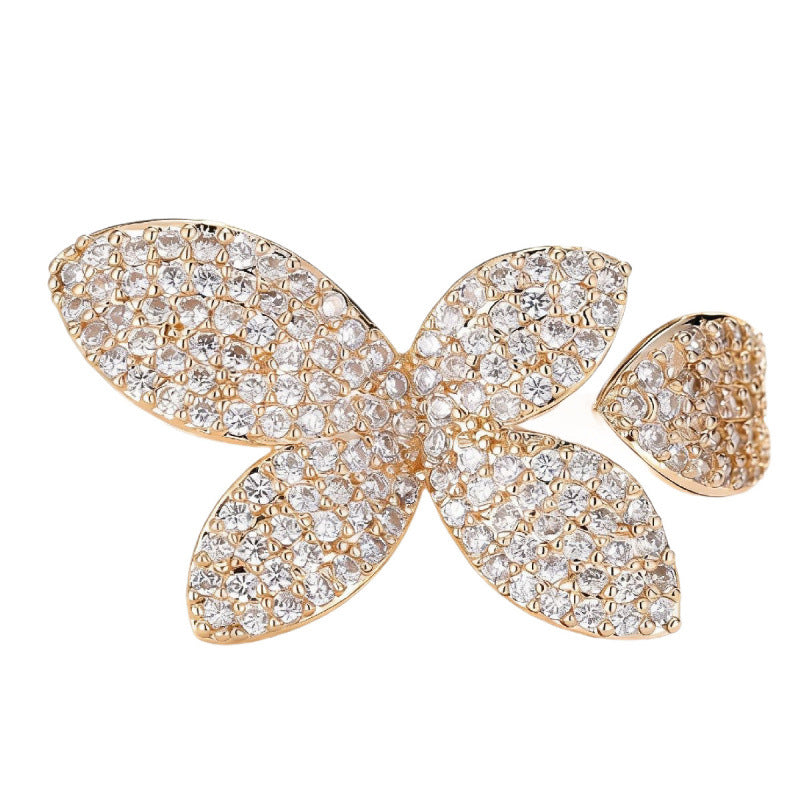 Elegant Flowers Open Ring For Women In Electroplated Copper With Zircon Inlay