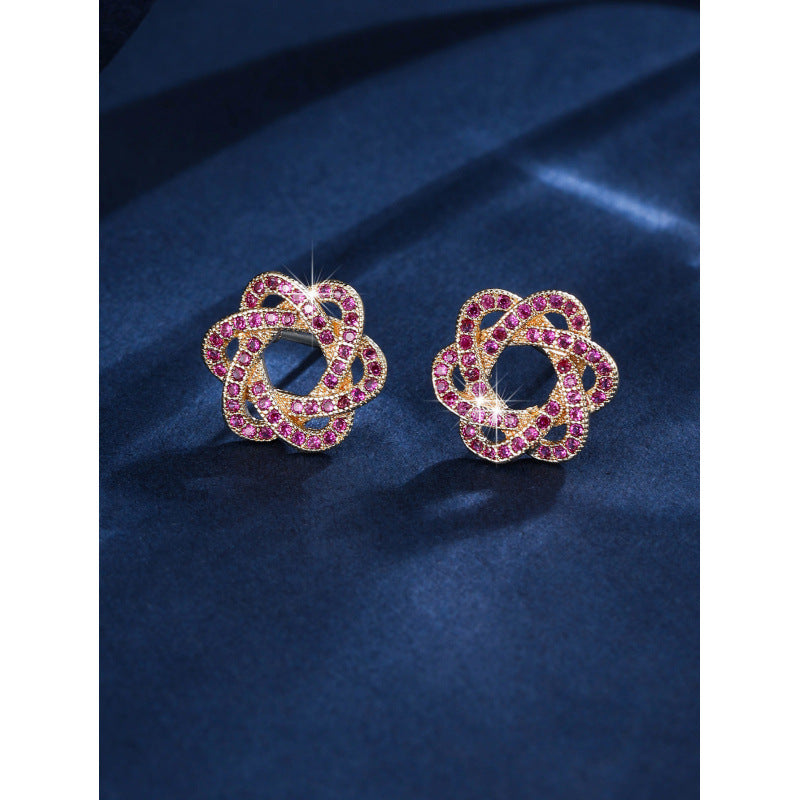 Gold Flowers Stud Earrings For Women With Copper Posts And Zircon Inlay