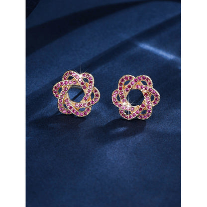 Gold Flowers Stud Earrings For Women With Copper Posts And Zircon Inlay