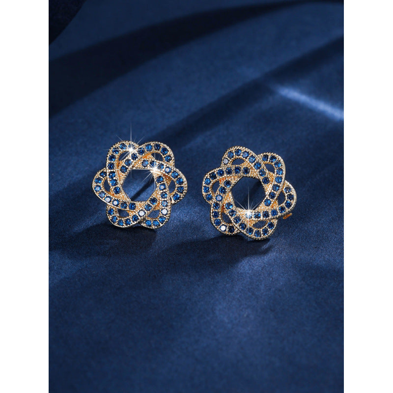 Gold Flowers Stud Earrings For Women With Copper Posts And Zircon Inlay