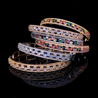 Geometric Inlay Copper Bangle For Women With Zircon Electroplated Gold Plating