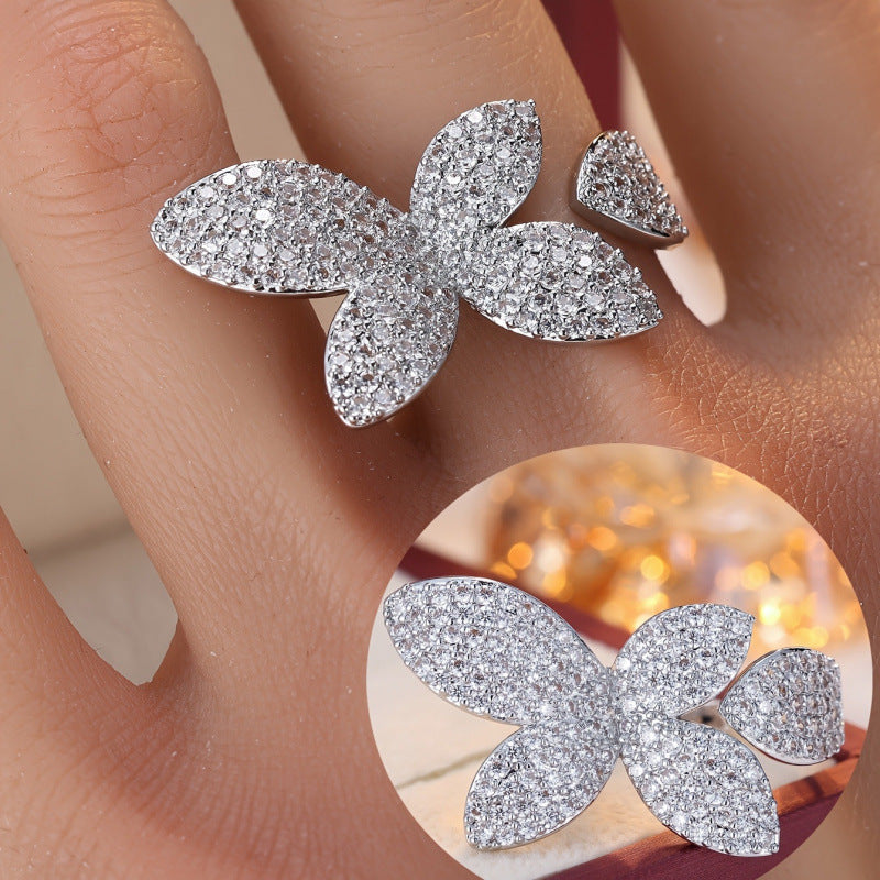 Elegant Flowers Open Ring For Women In Electroplated Copper With Zircon Inlay