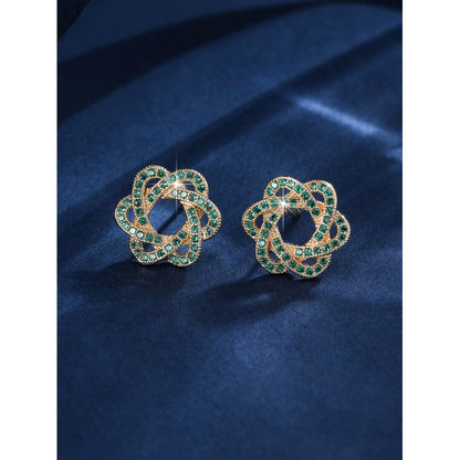 Gold Flowers Stud Earrings For Women With Copper Posts And Zircon Inlay