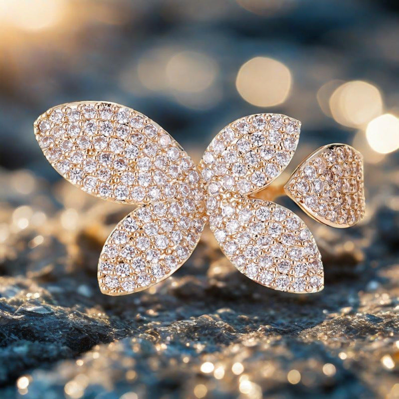 Elegant Flowers Open Ring For Women In Electroplated Copper With Zircon Inlay