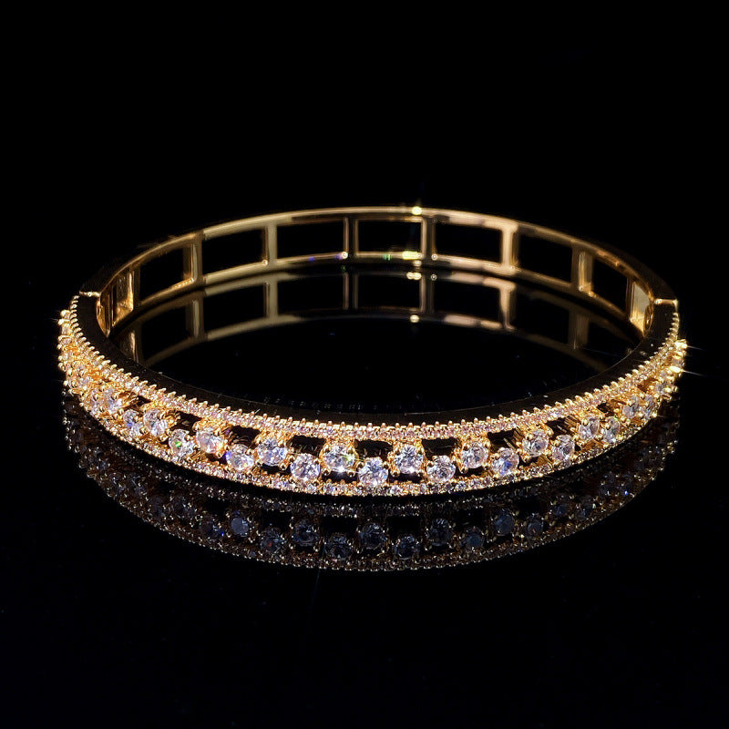 Geometric Inlay Copper Bangle For Women With Zircon Electroplated Gold Plating