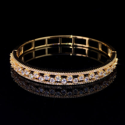 Geometric Inlay Copper Bangle For Women With Zircon Electroplated Gold Plating