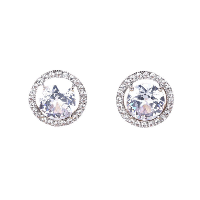 Round Silver Stud Earrings For Women In Brass With Zircon Inlay And 304 Stainless Steel Ear Pins