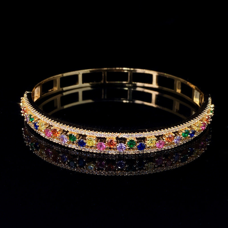 Geometric Inlay Copper Bangle For Women With Zircon Electroplated Gold Plating