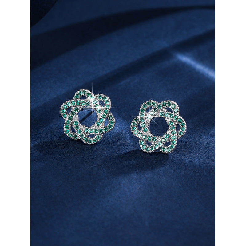 Gold Flowers Stud Earrings For Women With Copper Posts And Zircon Inlay