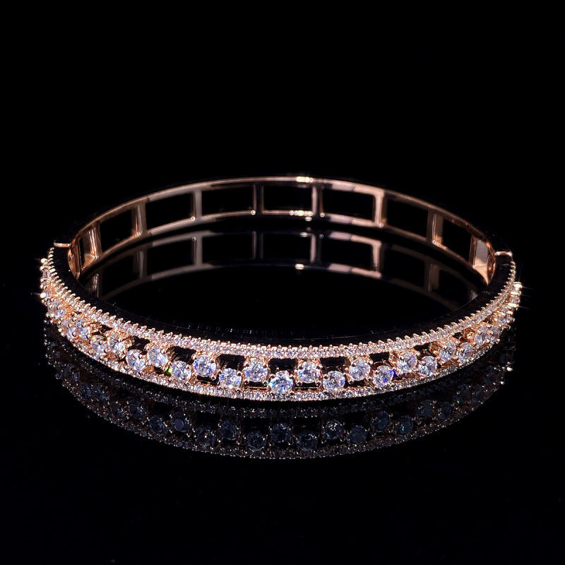 Geometric Inlay Copper Bangle For Women With Zircon Electroplated Gold Plating