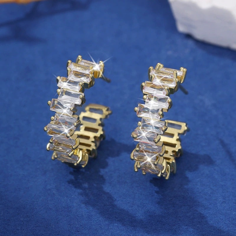 Square Clip Earrings For Women Featuring Copper Studs With Zircon Inlay In