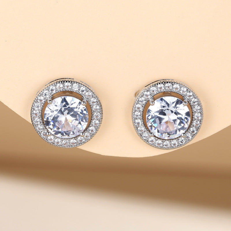 Round Silver Stud Earrings For Women In Brass With Zircon Inlay And 304 Stainless Steel Ear Pins