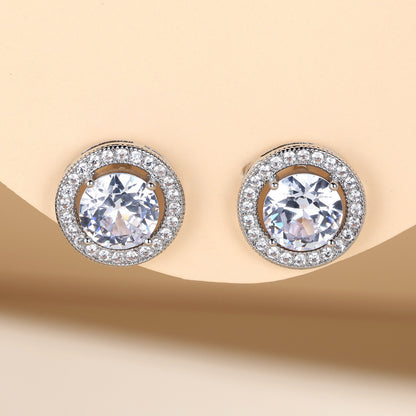 Round Silver Stud Earrings For Women In Brass With Zircon Inlay And 304 Stainless Steel Ear Pins
