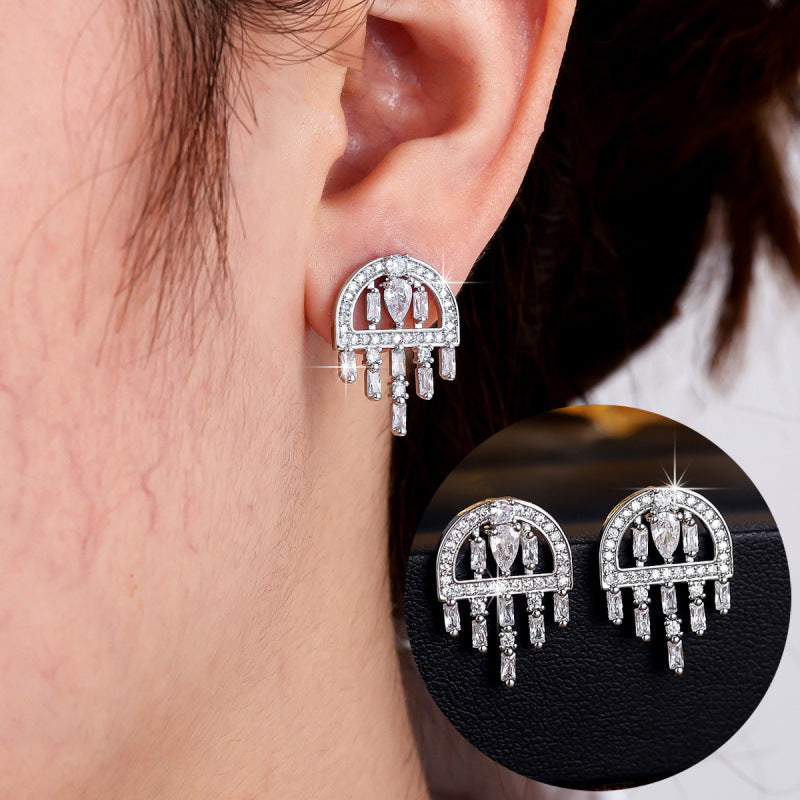Water Droplets Tassel Jewelry Set For Women In Copper With Platinum Plated Finish And Zircon Inlay