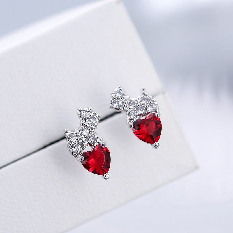 Dog Stud Earrings With Copper And Zircon Inlay Featuring 925 Sterling Silver Ear Pins In Red