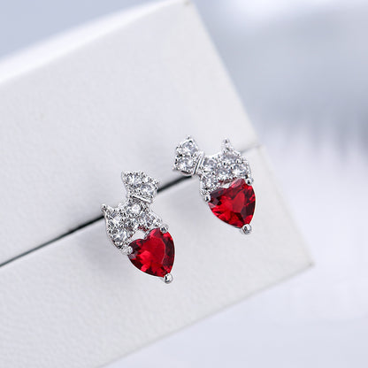 Dog Stud Earrings With Copper And Zircon Inlay Featuring 925 Sterling Silver Ear Pins In Red