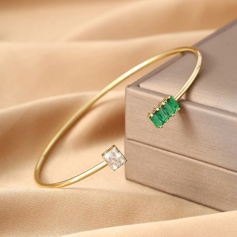 Irregular Inlay Copper Bangle With Zircon Electroplated Gold Plating, For Women