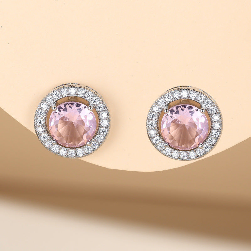 Round Silver Stud Earrings For Women In Brass With Zircon Inlay And 304 Stainless Steel Ear Pins