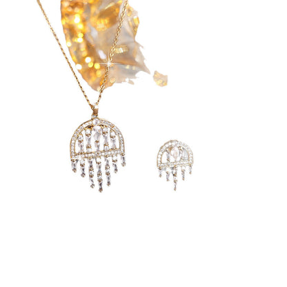 Water Droplets Tassel Jewelry Set For Women In Copper With Platinum Plated Finish And Zircon Inlay
