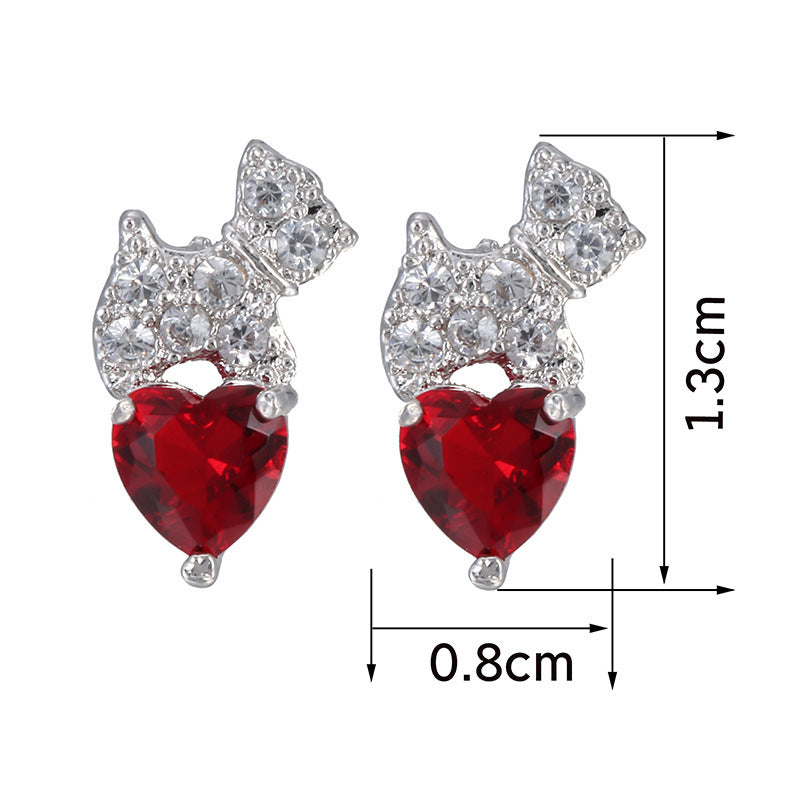 Dog Stud Earrings With Copper And Zircon Inlay Featuring 925 Sterling Silver Ear Pins In Red