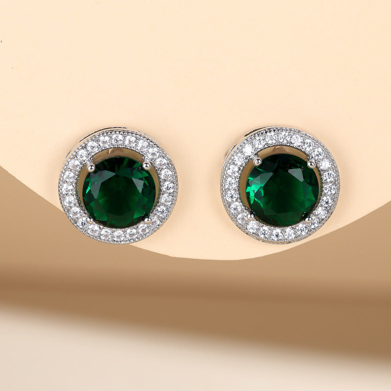 Round Silver Stud Earrings For Women In Brass With Zircon Inlay And 304 Stainless Steel Ear Pins