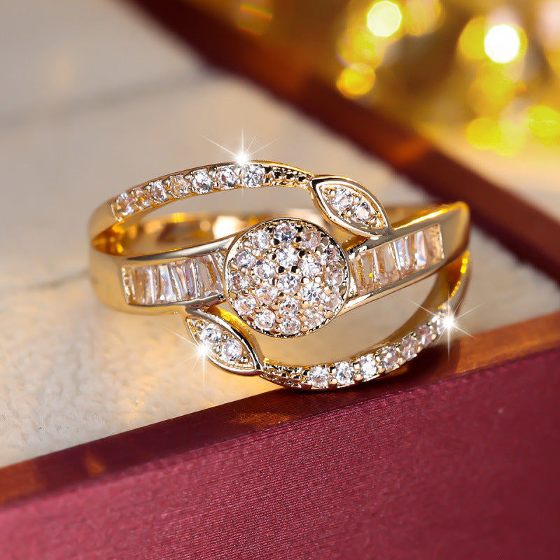 Women’s Crossover Copper Ring With Zircon Inlay In Gold, Perfect For Spring