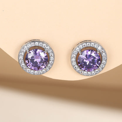 Round Silver Stud Earrings For Women In Brass With Zircon Inlay And 304 Stainless Steel Ear Pins