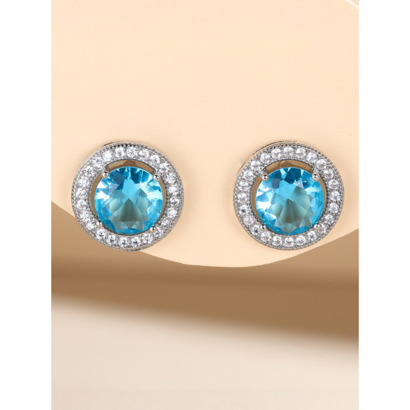 Round Silver Stud Earrings For Women In Brass With Zircon Inlay And 304 Stainless Steel Ear Pins
