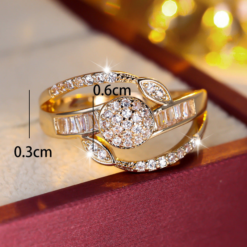 Women’s Crossover Copper Ring With Zircon Inlay In Gold, Perfect For Spring