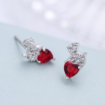 Dog Stud Earrings With Copper And Zircon Inlay Featuring 925 Sterling Silver Ear Pins In Red