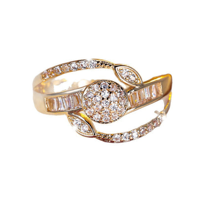 Women’s Crossover Copper Ring With Zircon Inlay In Gold, Perfect For Spring