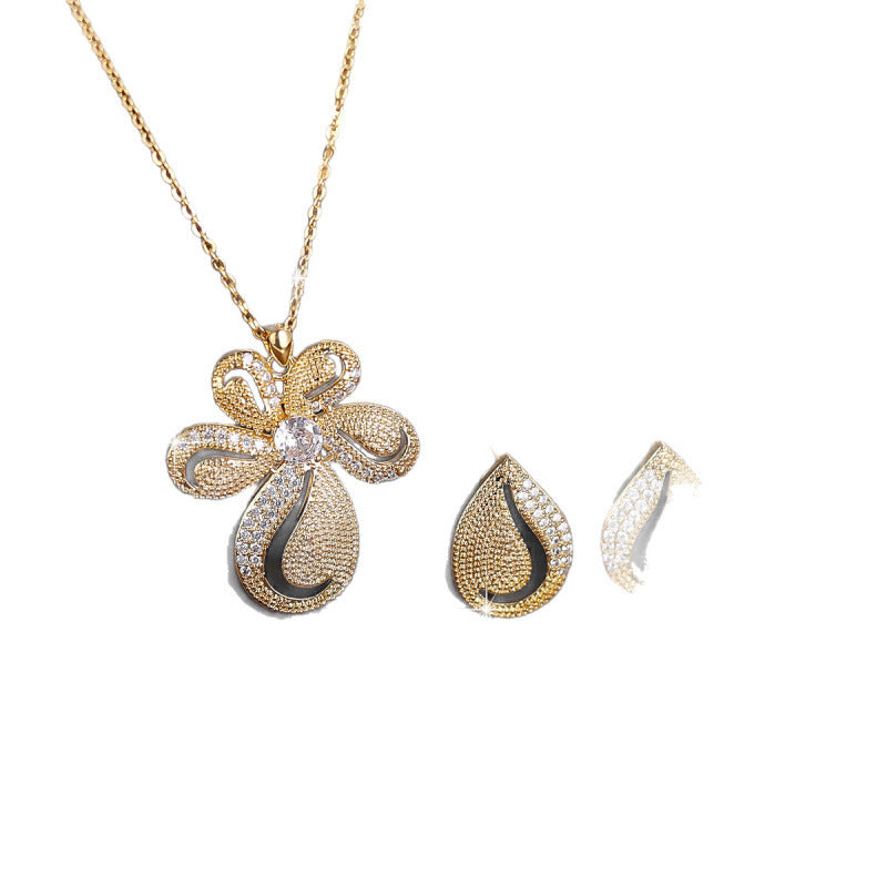 Sweet Flowers Necklace For Women In Copper With Zircon Inlay, 1 Set Jewelry Set