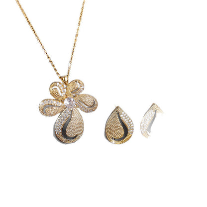 Sweet Flowers Necklace For Women In Copper With Zircon Inlay, 1 Set Jewelry Set