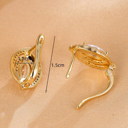 Geometric Clip Earrings For Women With Bezel Setting, Real Gold Plated Copper Featuring Zircon Inlay