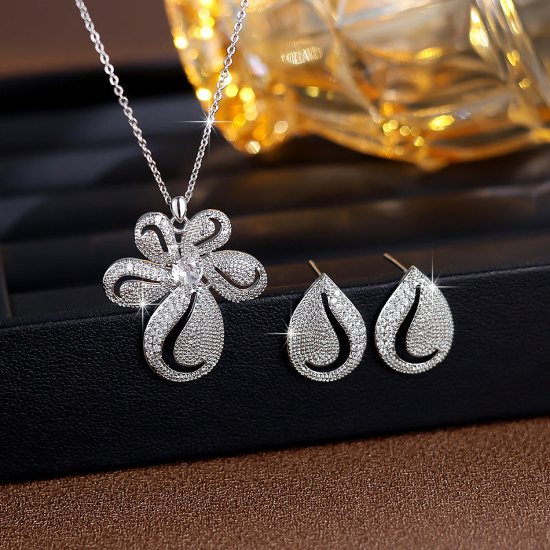 Sweet Flowers Necklace For Women In Copper With Zircon Inlay, 1 Set Jewelry Set