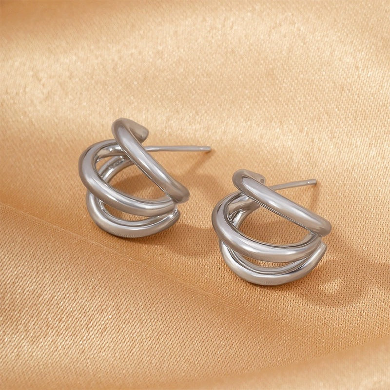 C Shape Stud Earrings For Women In White Featuring Electroplated Finish With Copper Ear Pins