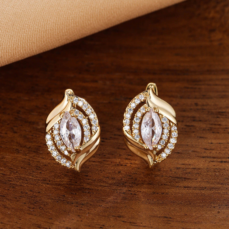 Geometric Clip Earrings For Women With Bezel Setting, Real Gold Plated Copper Featuring Zircon Inlay