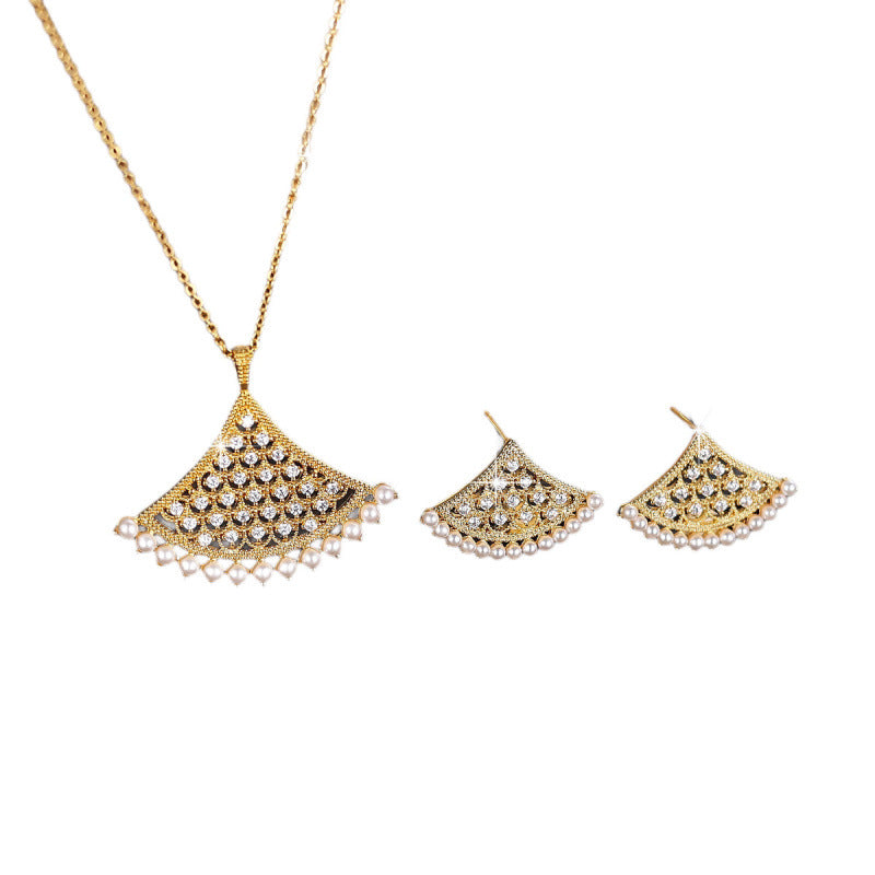 Sector Jewelry Set For Women In Platinum Plated Copper With Zircon Inlay, 2 Pieces Set