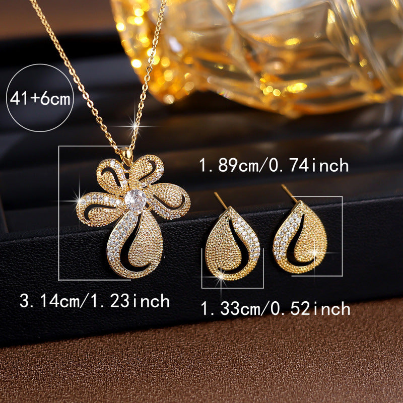 Sweet Flowers Necklace For Women In Copper With Zircon Inlay, 1 Set Jewelry Set