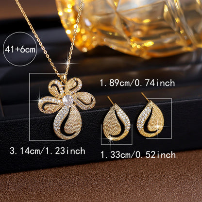 Sweet Flowers Necklace For Women In Copper With Zircon Inlay, 1 Set Jewelry Set