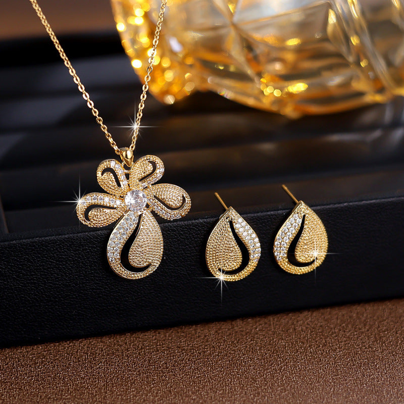 Sweet Flowers Necklace For Women In Copper With Zircon Inlay, 1 Set Jewelry Set