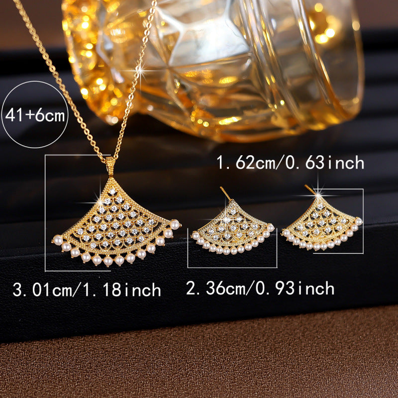 Sector Jewelry Set For Women In Platinum Plated Copper With Zircon Inlay, 2 Pieces Set