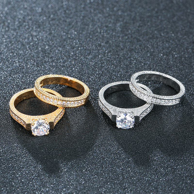 Geometric Open Rings In Copper With Electroplated Gold Plating Featuring Artificial Diamond Inlay, Simple Style Couple Rings