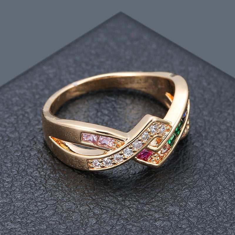 Crossover Ring For Women With Claw Setting, Electroplated Copper And Zircon Inlay