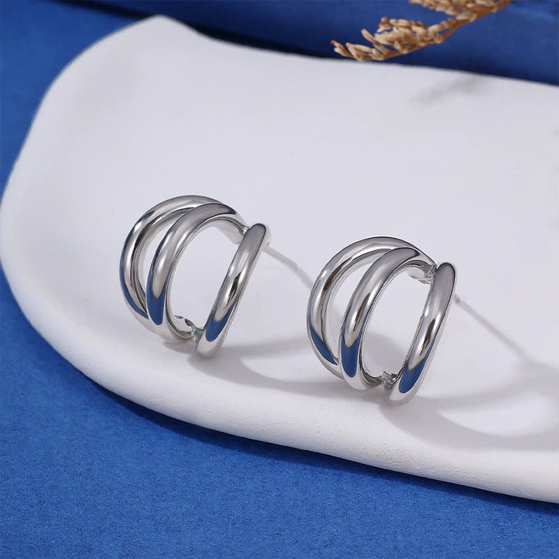 C Shape Stud Earrings For Women In White Featuring Electroplated Finish With Copper Ear Pins