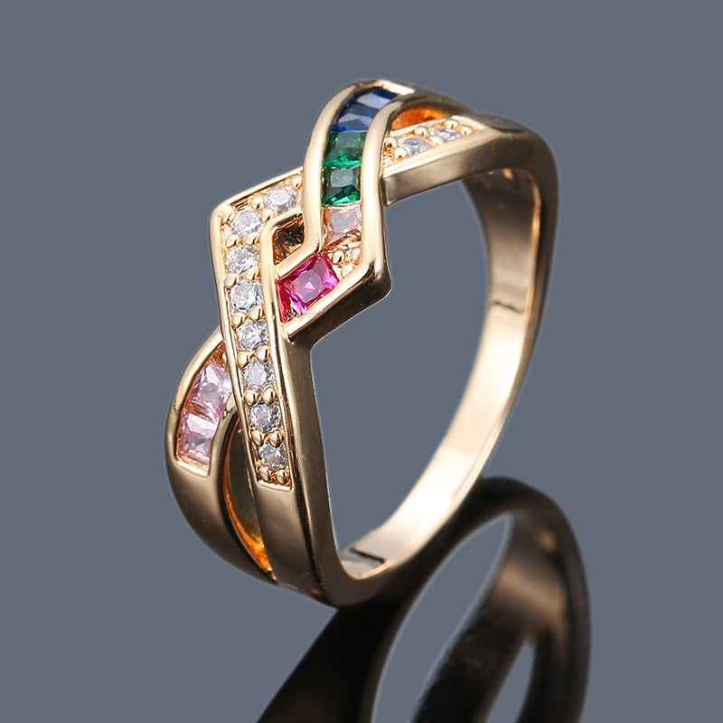 Crossover Ring For Women With Claw Setting, Electroplated Copper And Zircon Inlay